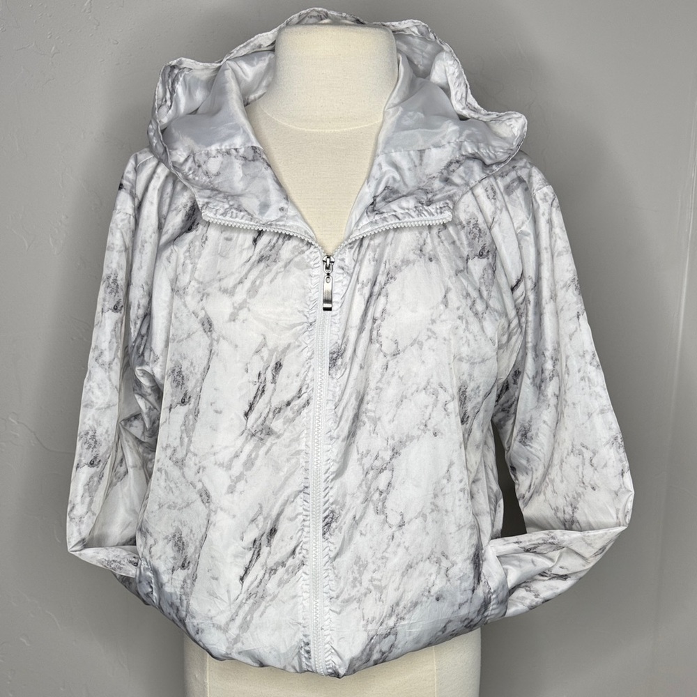 Women's White Marble Hooded Bomber Style Windbreaker Jacket